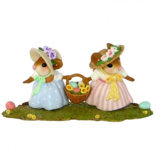 Two Mice in Bonnets Holding an Easter Basket